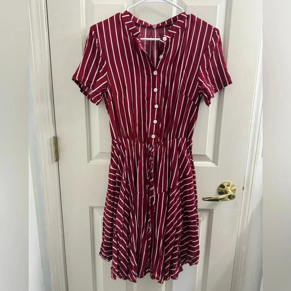 Red and White Summer Stripe short sleeve button down high waist a lined Dress